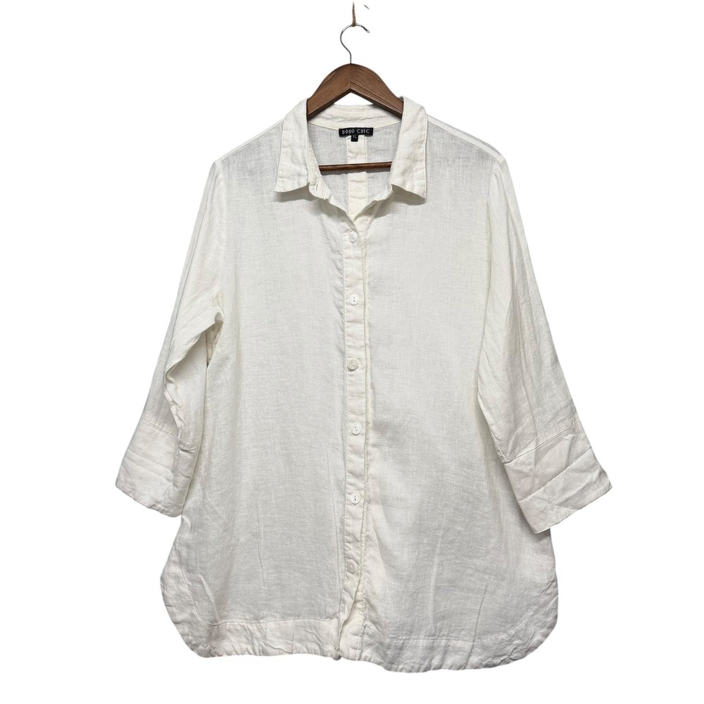 Boho Chic Linen Tunic Women XL White 3/4 Sleeve Relaxed Top Lagenlook Minimalist - Picture 1 of 14